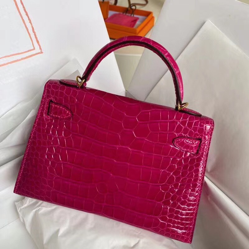 Hermes Rose Red Alligator Crocodile Kelly Mini II Handmade Bag