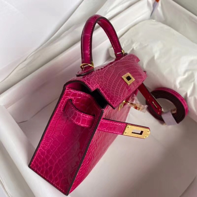 Hermes Rose Red Alligator Crocodile Kelly Mini II Handmade Bag