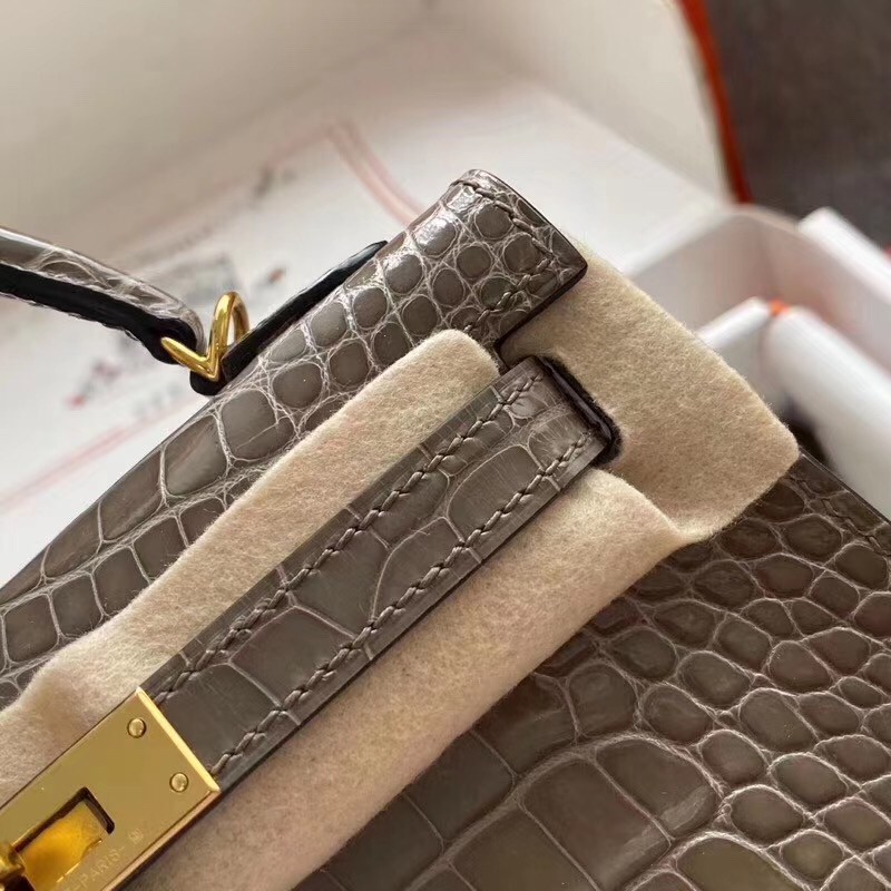 Hermes Taupe Grey Alligator Crocodile Kelly Mini II Handmade Bag