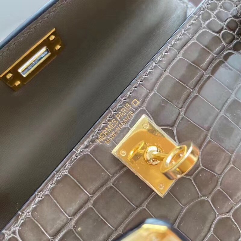 Hermes Taupe Grey Alligator Crocodile Kelly Mini II Handmade Bag