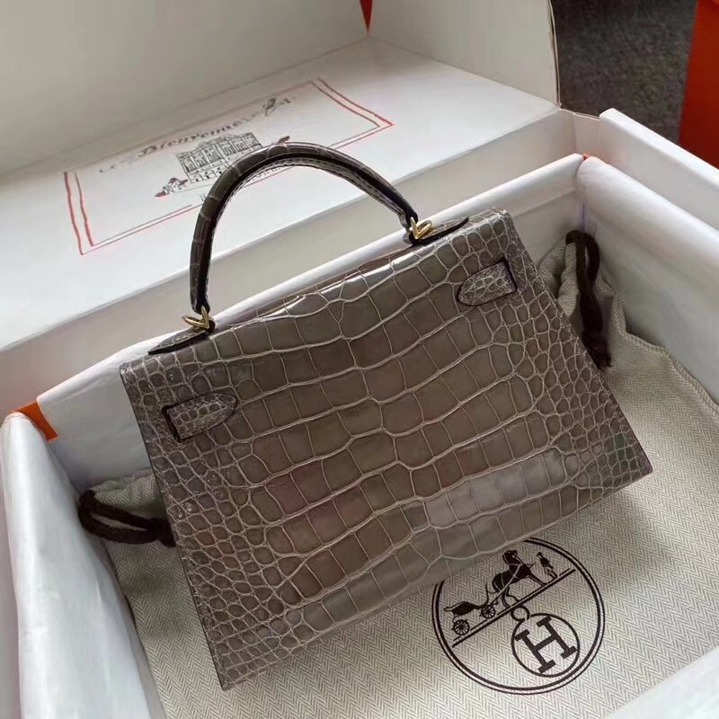 Hermes Taupe Grey Alligator Crocodile Kelly Mini II Handmade Bag