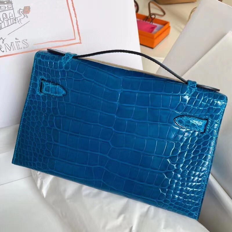 Hermes Blue Izmir Shiny Alligator Crocodile Kelly Pochette Bag