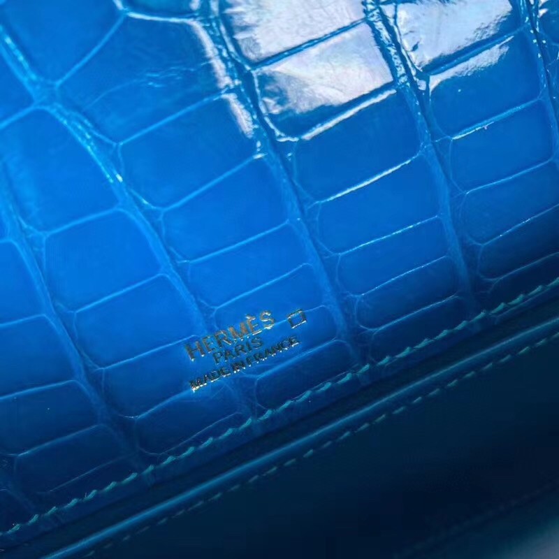 Hermes Blue Izmir Shiny Alligator Crocodile Kelly Pochette Bag