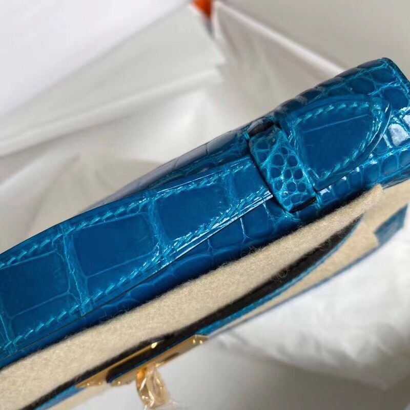 Hermes Blue Izmir Shiny Alligator Crocodile Kelly Pochette Bag