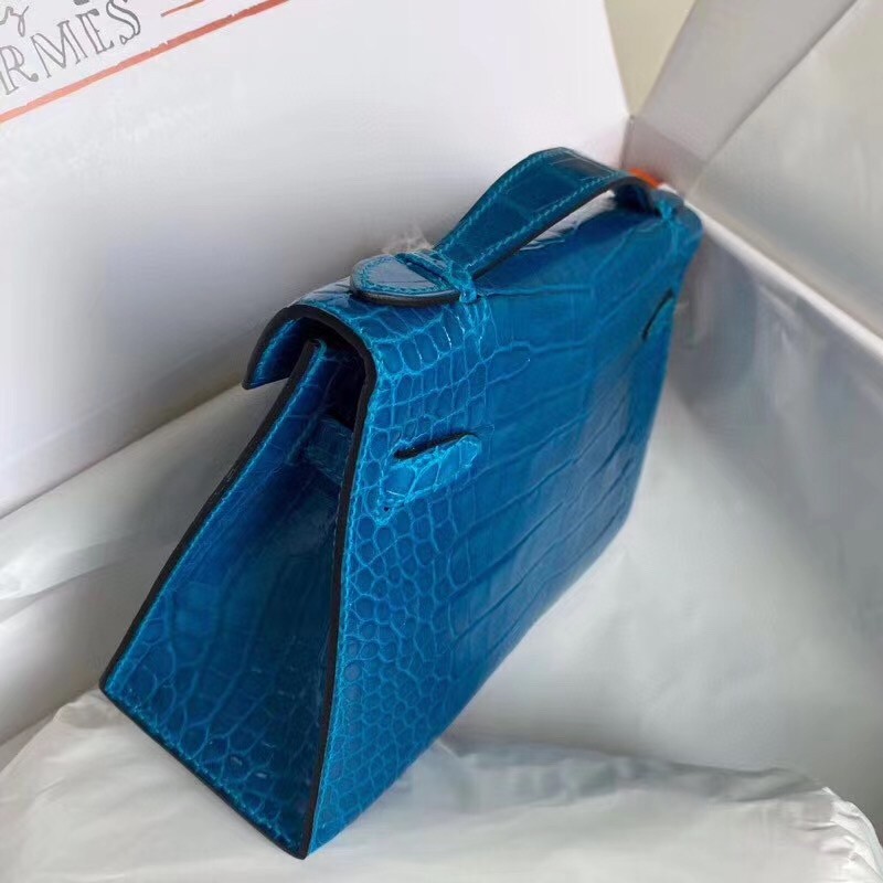 Hermes Blue Izmir Shiny Alligator Crocodile Kelly Pochette Bag