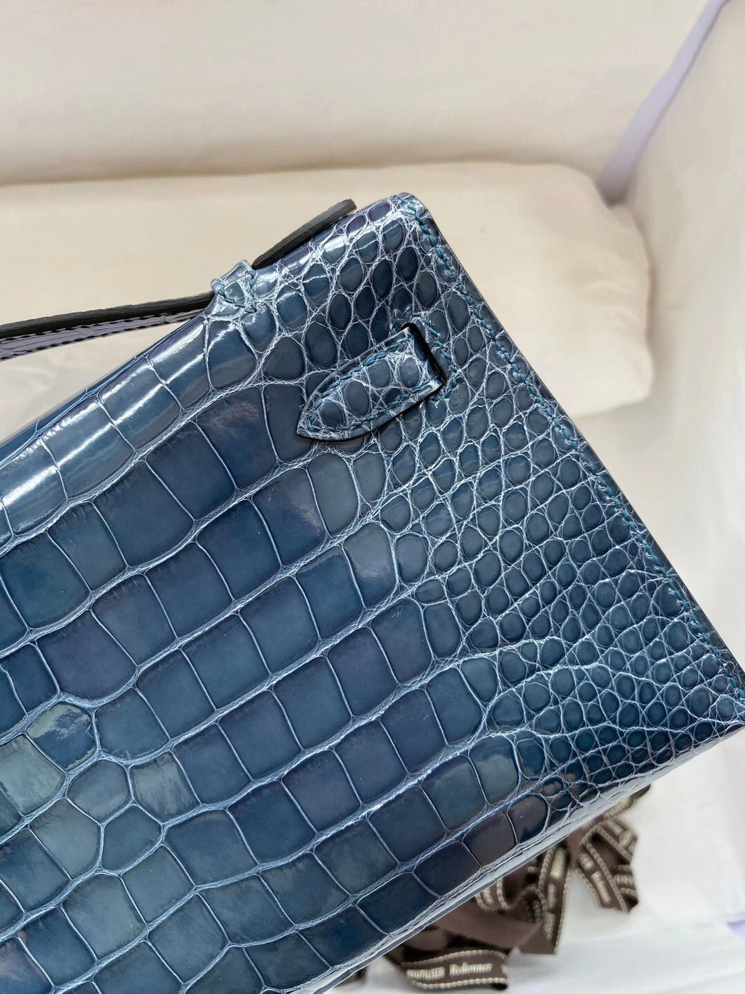 Hermes Blue Shiny Alligator Crocodile Kelly Pochette Bag