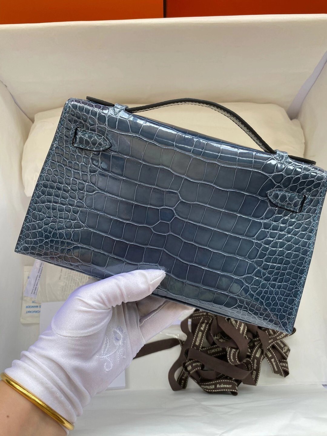 Hermes Blue Shiny Alligator Crocodile Kelly Pochette Bag