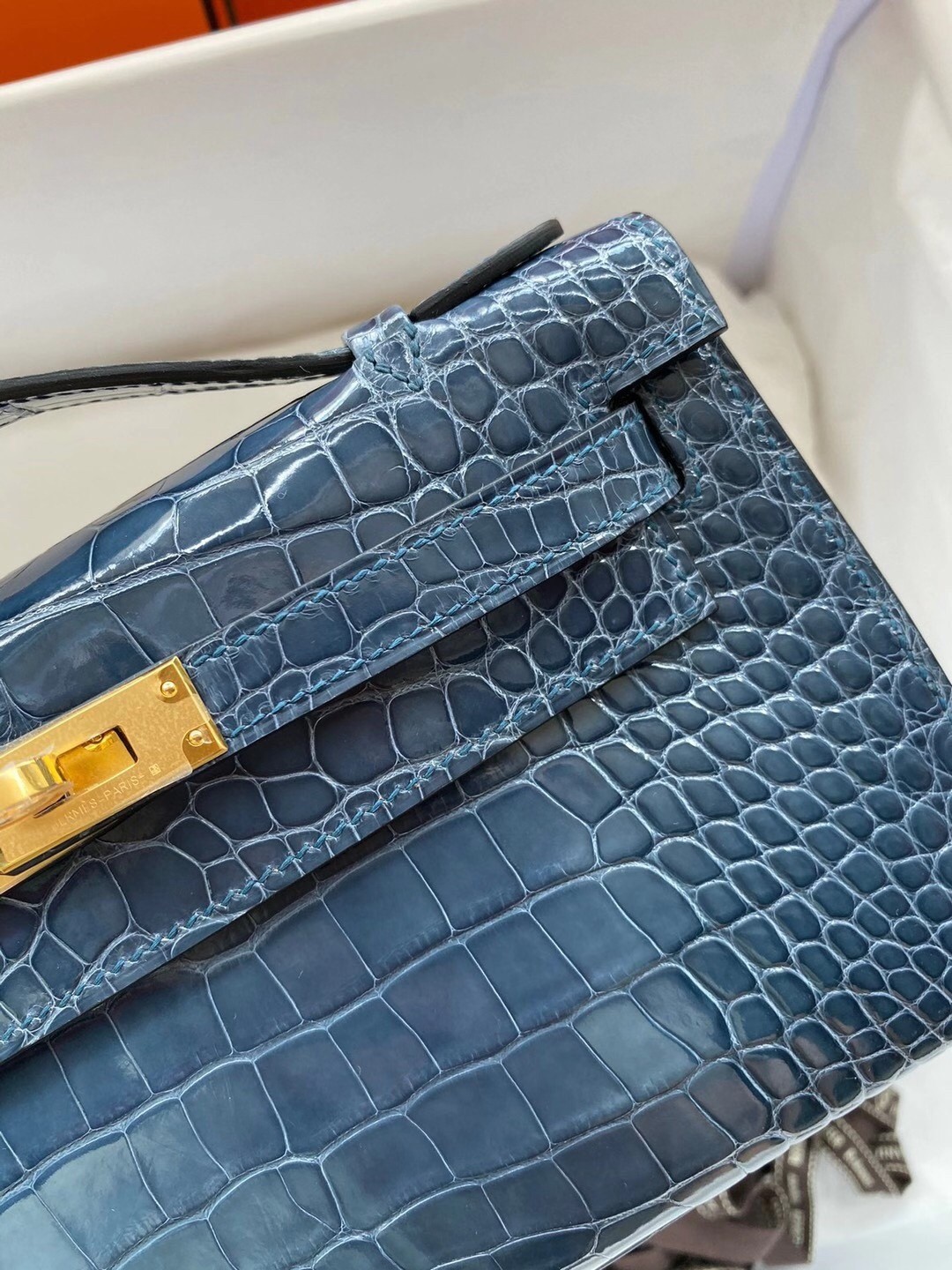 Hermes Blue Shiny Alligator Crocodile Kelly Pochette Bag