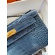 Hermes Blue Shiny Alligator Crocodile Kelly Pochette Bag