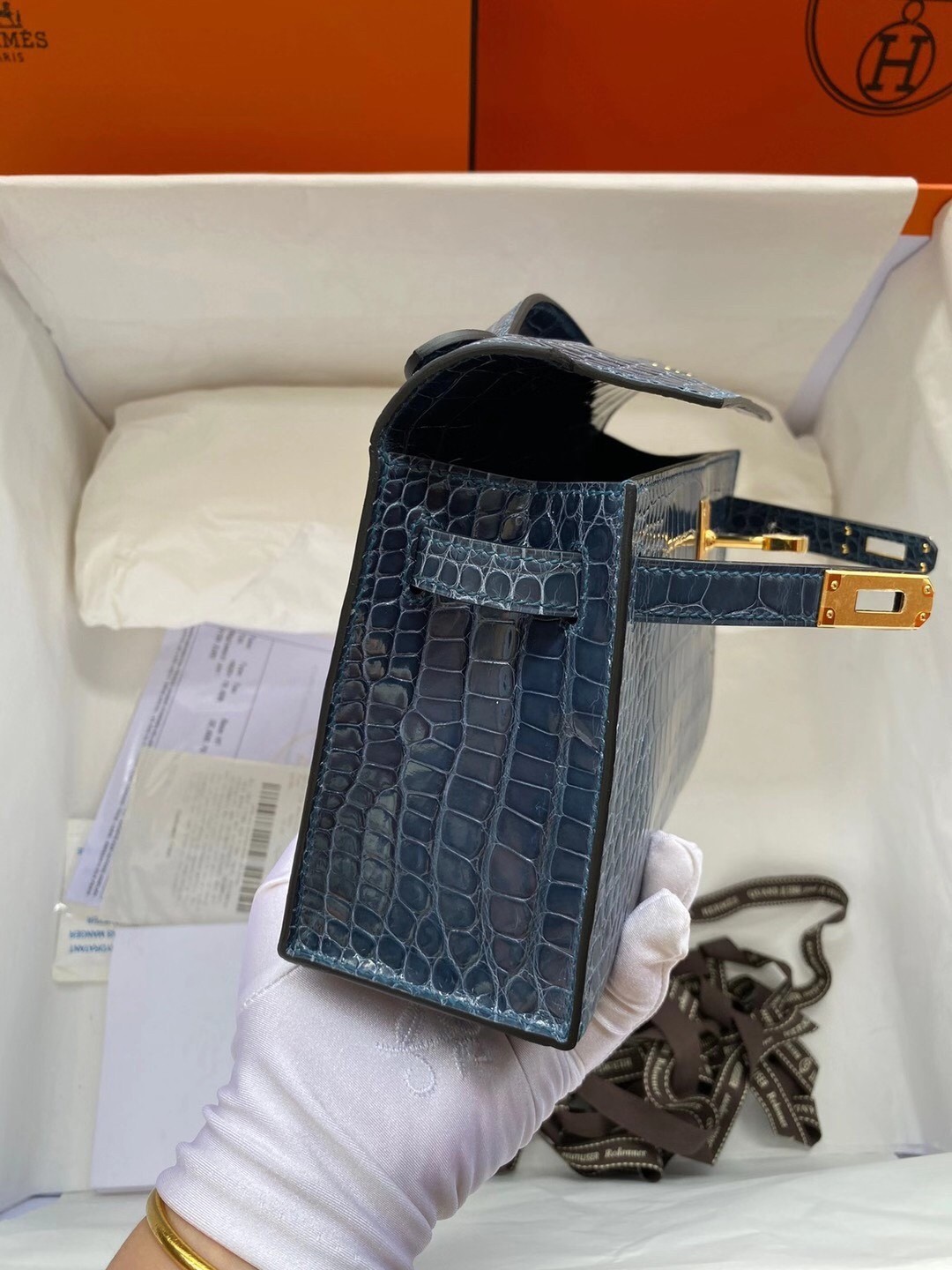 Hermes Blue Shiny Alligator Crocodile Kelly Pochette Bag