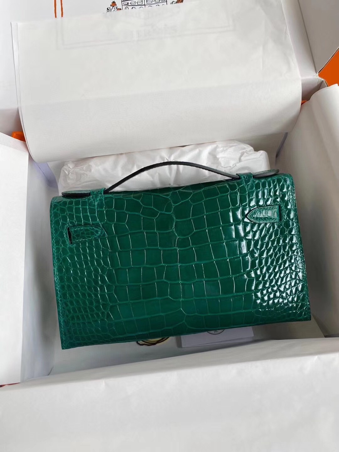 Hermes Green Shiny Alligator Crocodile Kelly Pochette Bag