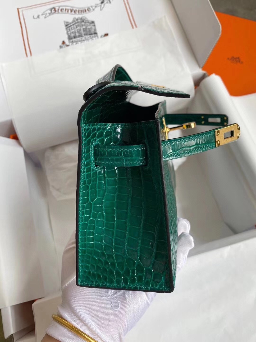 Hermes Green Shiny Alligator Crocodile Kelly Pochette Bag