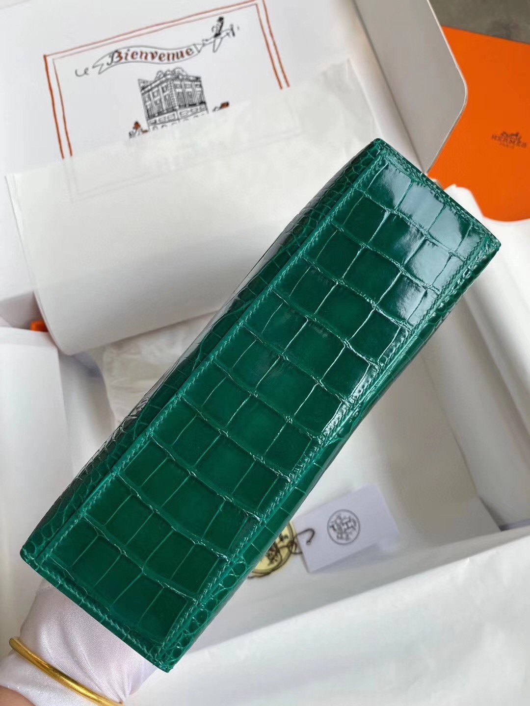 Hermes Green Shiny Alligator Crocodile Kelly Pochette Bag