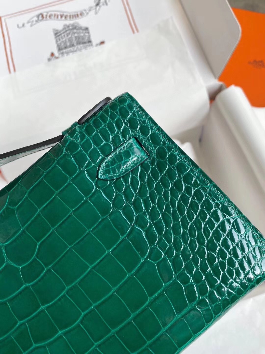 Hermes Green Shiny Alligator Crocodile Kelly Pochette Bag