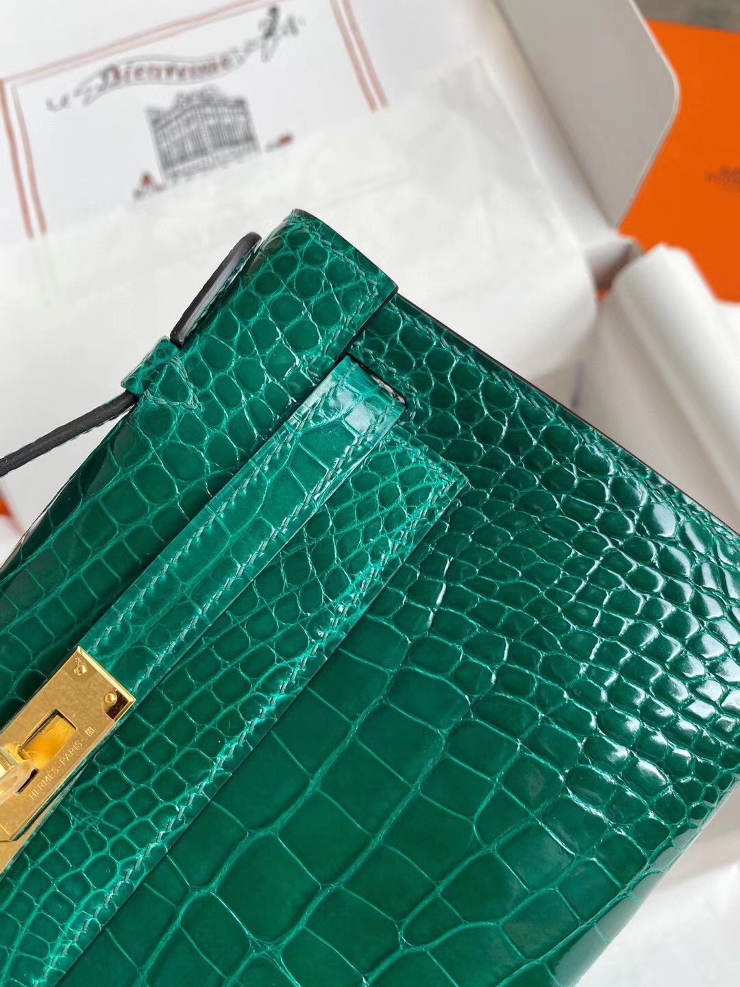 Hermes Green Shiny Alligator Crocodile Kelly Pochette Bag