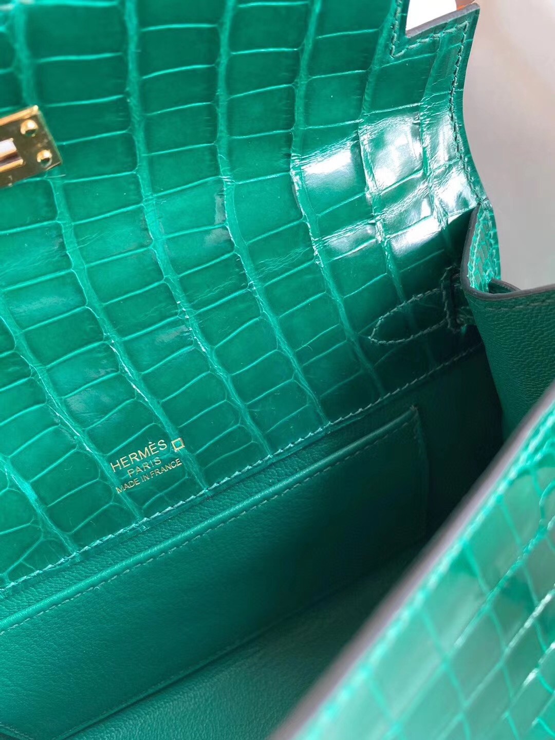 Hermes Green Shiny Alligator Crocodile Kelly Pochette Bag