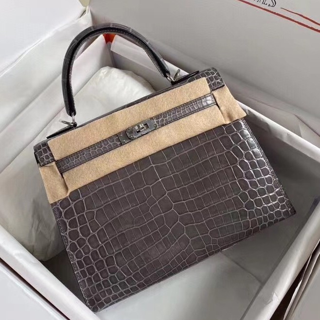 Hermes Grey Kelly 25cm Shiny Niloticus Crocodile Skin Bag