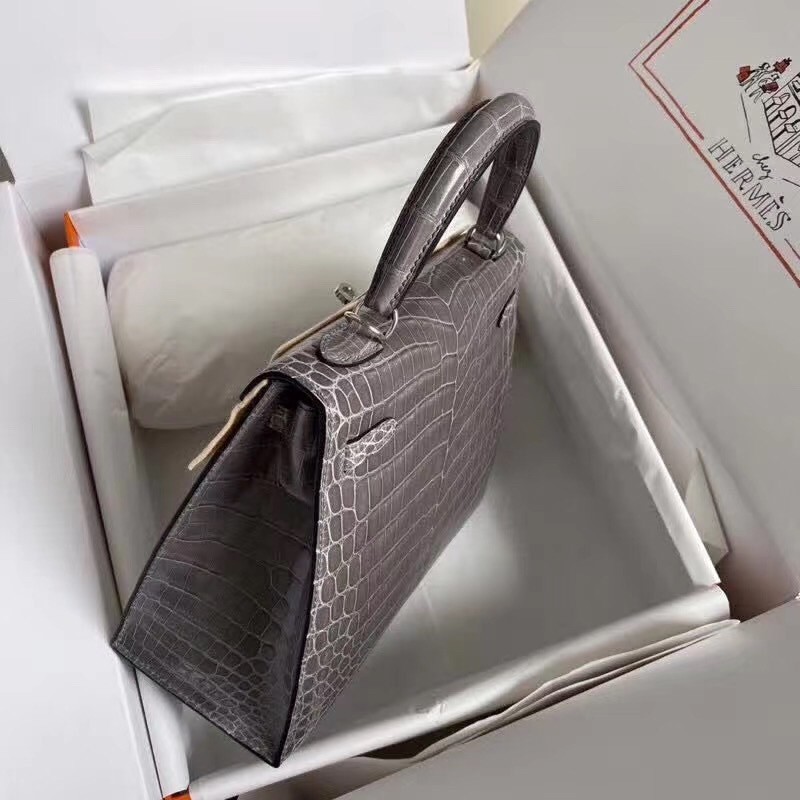 Hermes Grey Kelly 25cm Shiny Niloticus Crocodile Skin Bag