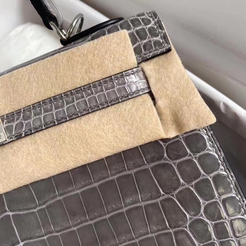 Hermes Grey Kelly 25cm Shiny Niloticus Crocodile Skin Bag