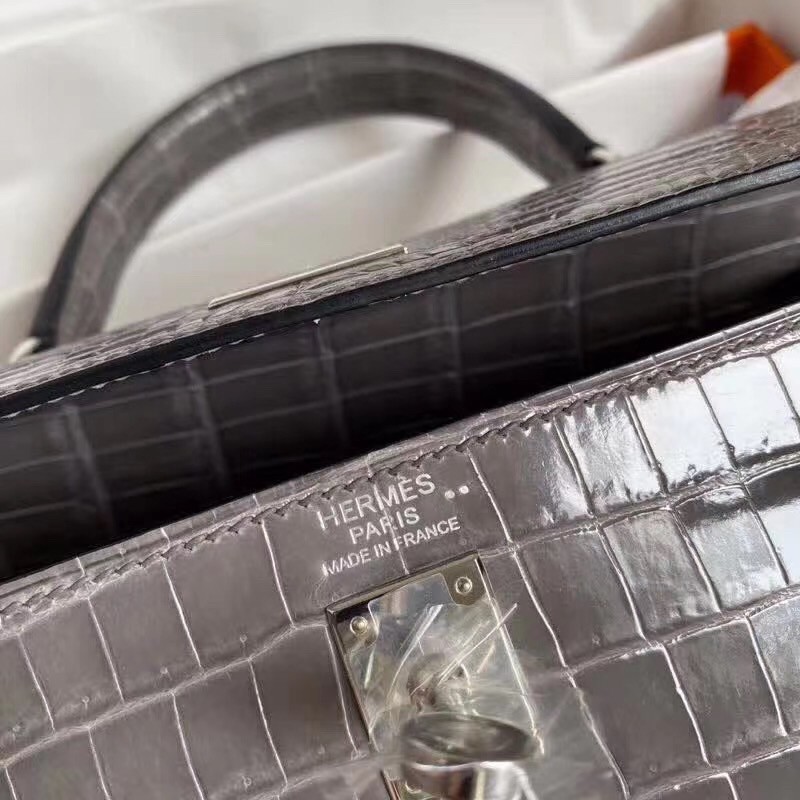 Hermes Grey Kelly 25cm Shiny Niloticus Crocodile Skin Bag