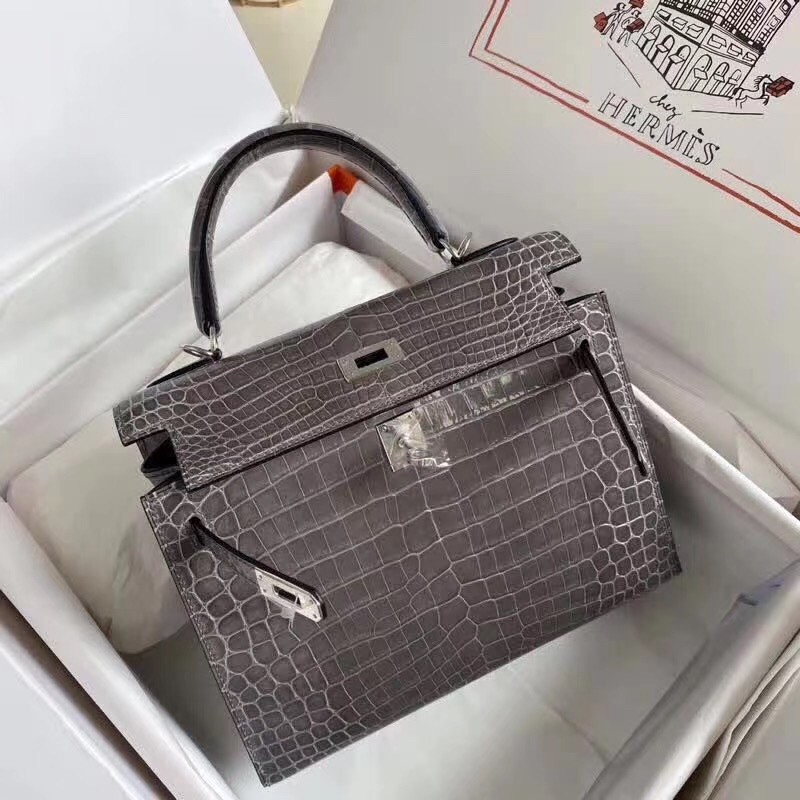 Hermes Grey Kelly 25cm Shiny Niloticus Crocodile Skin Bag