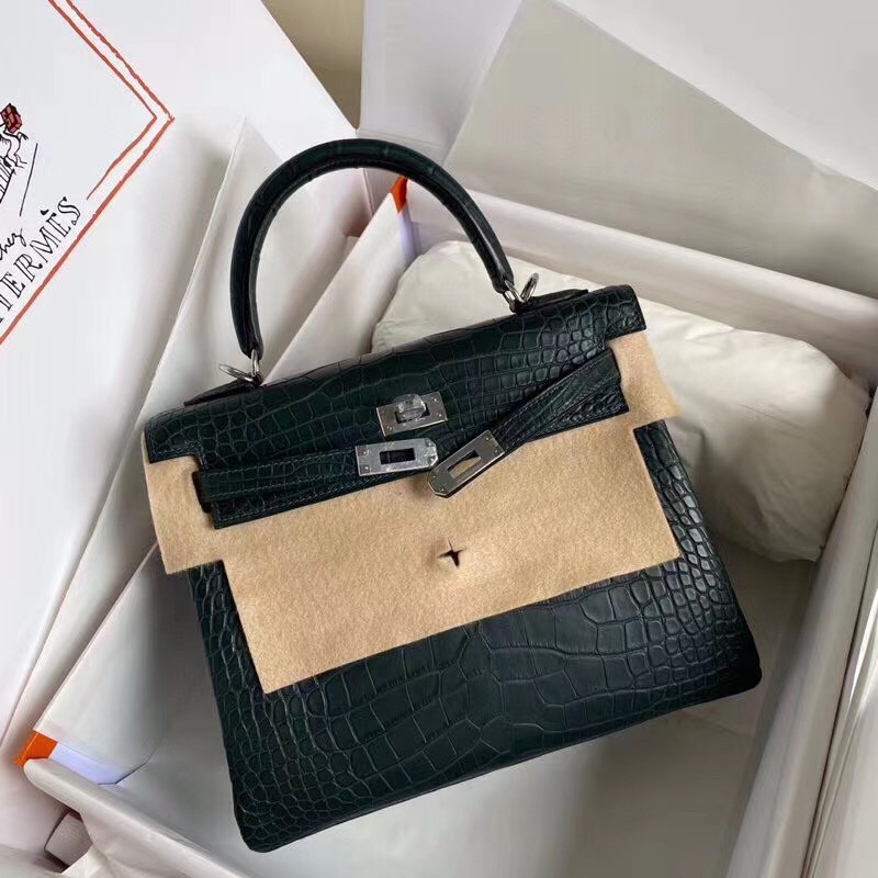 Hermes Vert Cypres Kelly 28cm Matte Alligator Crocodile Skin Bag