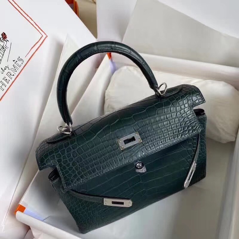 Hermes Vert Cypres Kelly 28cm Matte Alligator Crocodile Skin Bag