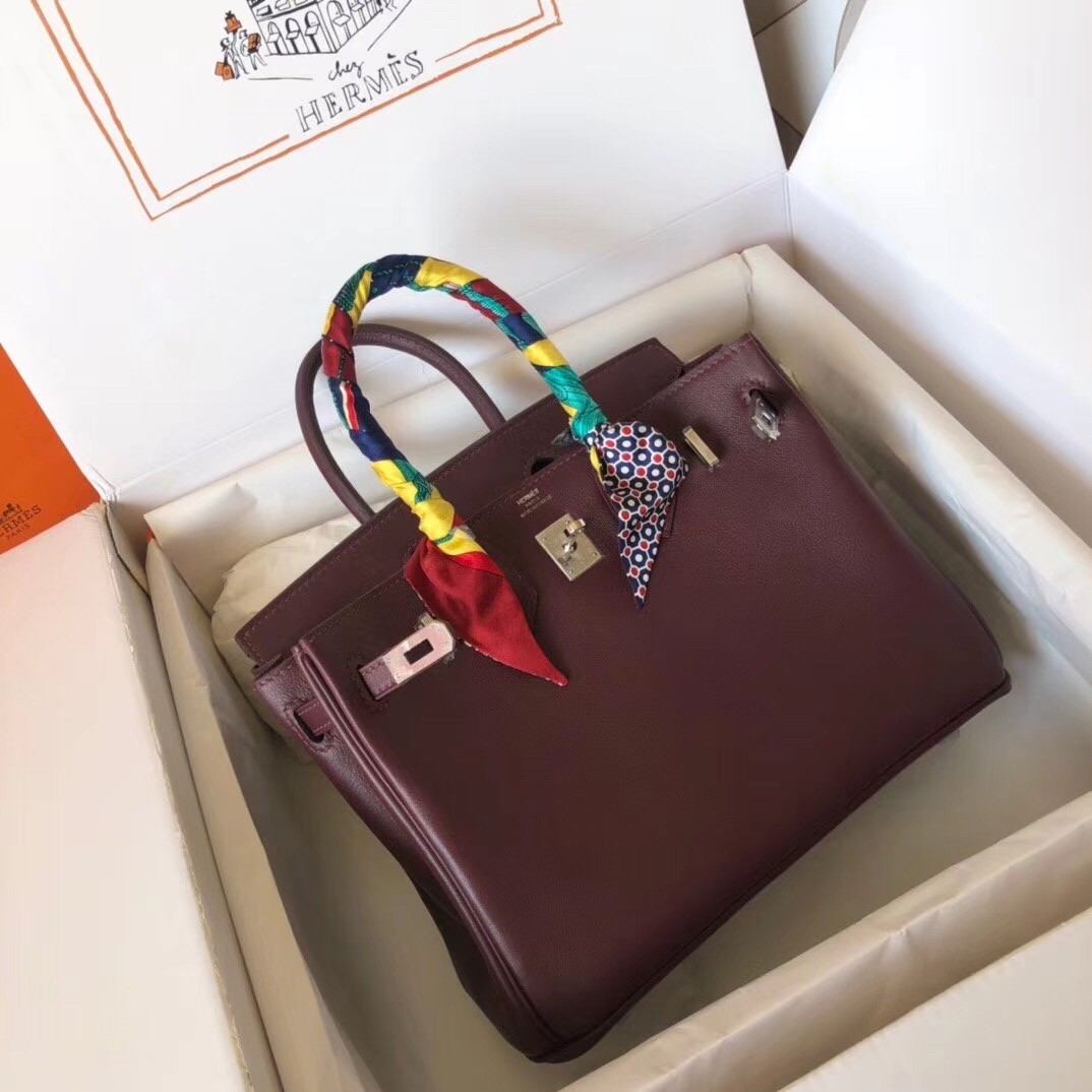 Hermes Burgundy Birkin 25cm Swift Handmade Bag