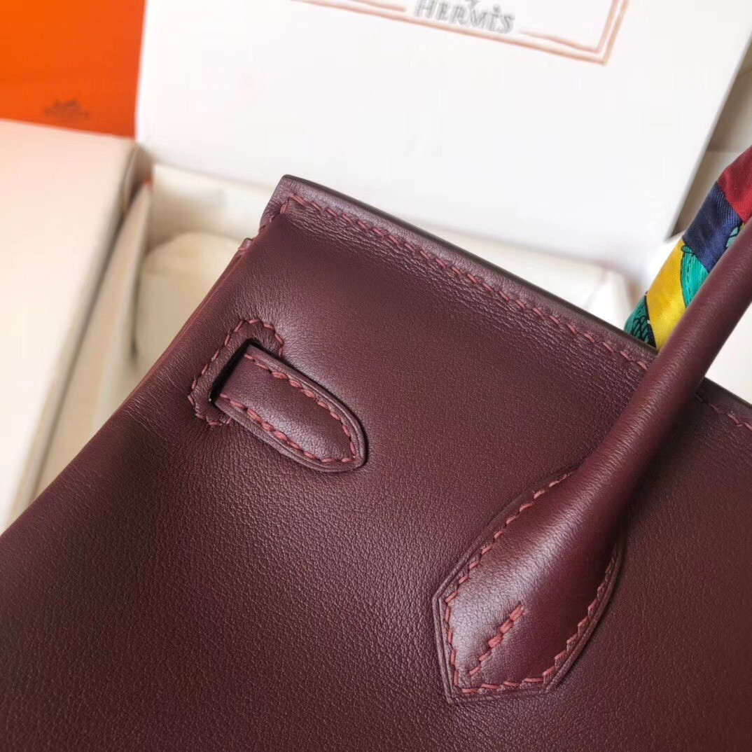 Hermes Burgundy Birkin 25cm Swift Handmade Bag