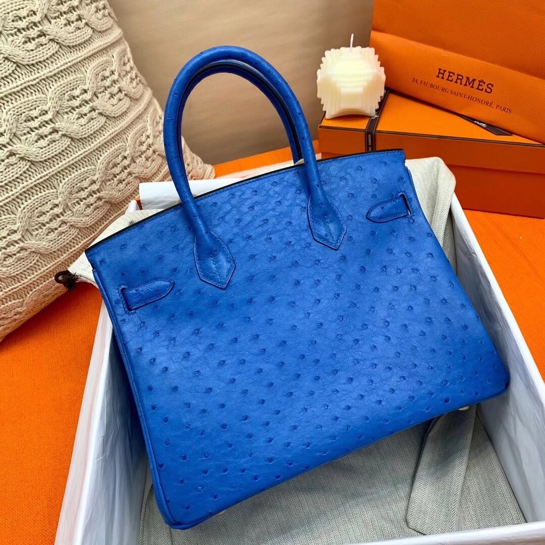 Hermes Blue Zellige Birkin 30cm Ostrich Handmade Bag