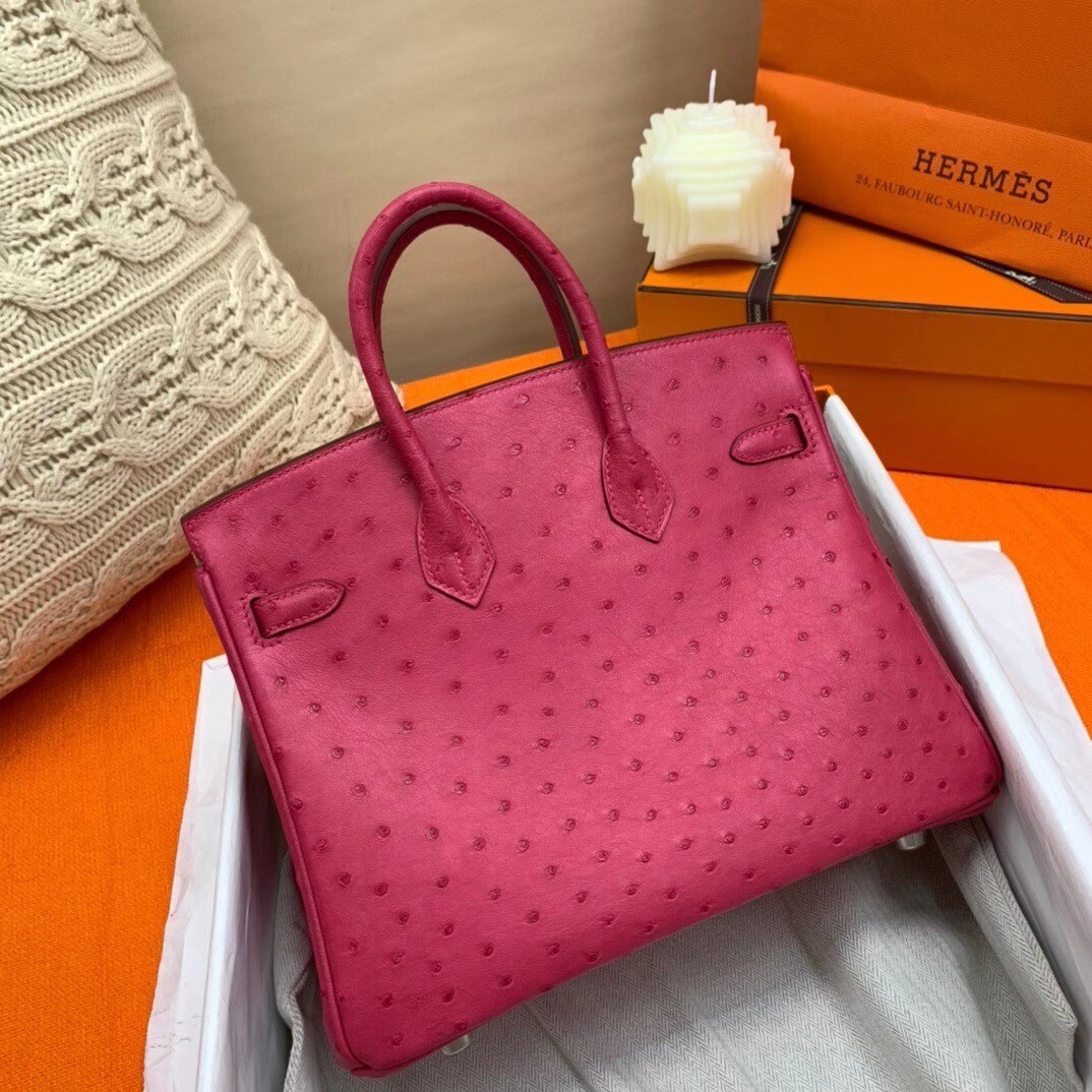 Hermes Rose Red Birkin 25cm Ostrich Handmade Bag