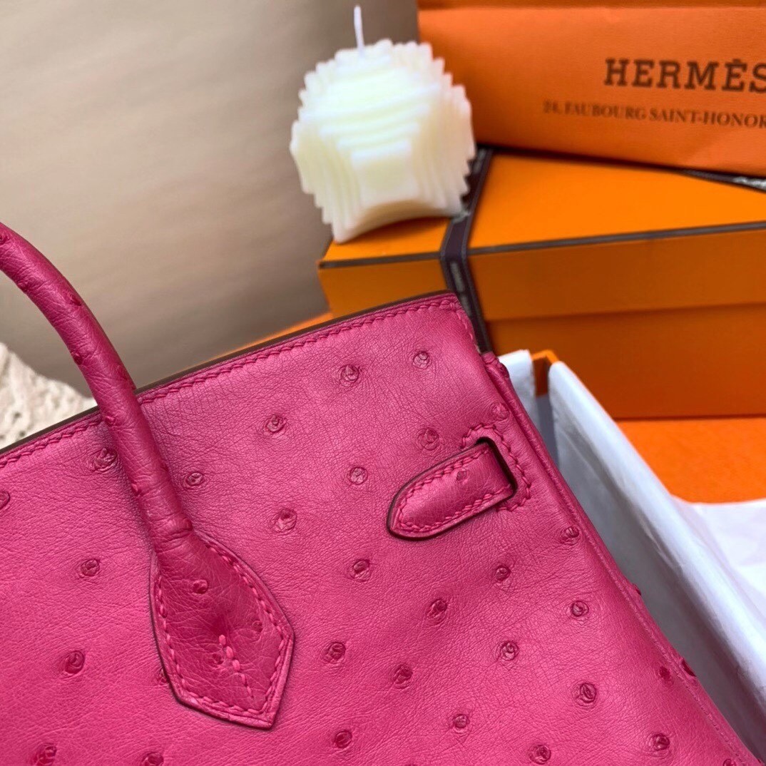 Hermes Rose Red Birkin 25cm Ostrich Handmade Bag