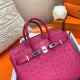 Hermes Rose Red Birkin 25cm Ostrich Handmade Bag