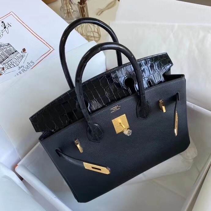 Hermes Black Touch Birkin 30cm Bag Shiny Niloticus Crocodile Skin