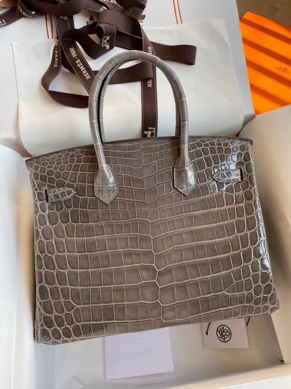 Hermes Taupe Birkin 30cm Shiny Crocodile Niloticus Skin Bag