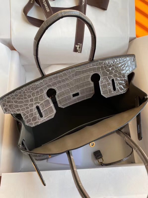 Hermes Taupe Birkin 30cm Shiny Crocodile Niloticus Skin Bag