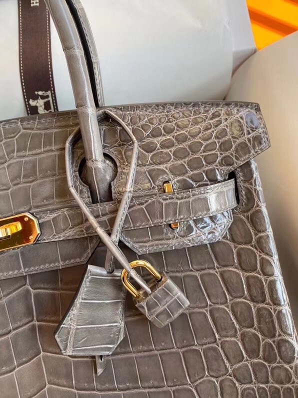 Hermes Taupe Birkin 30cm Shiny Crocodile Niloticus Skin Bag