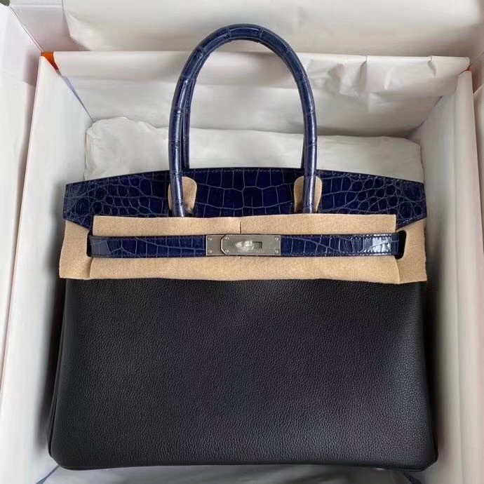 Hermes Noir Touch Birkin 30cm Bag Shiny Niloticus Crocodile Skin