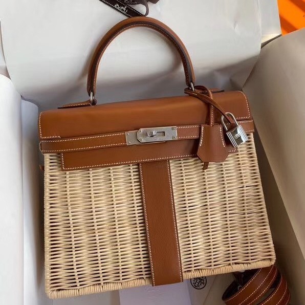 Hermes Brown Picnic Kelly 28cm Wicker Bag