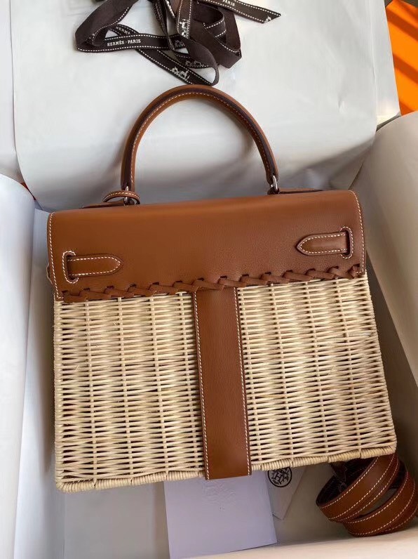 Hermes Brown Picnic Kelly 28cm Wicker Bag