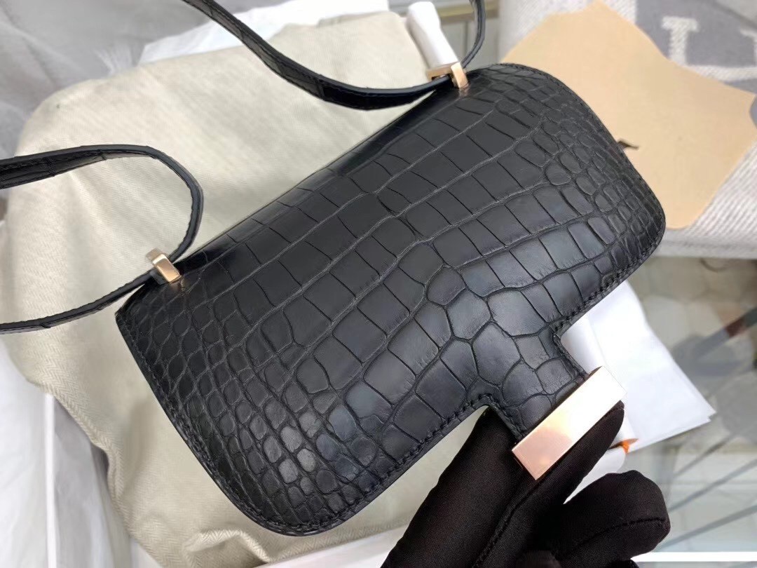 Hermes Mini Constance 18cm Bag In Black Alligator Crocodile Skin