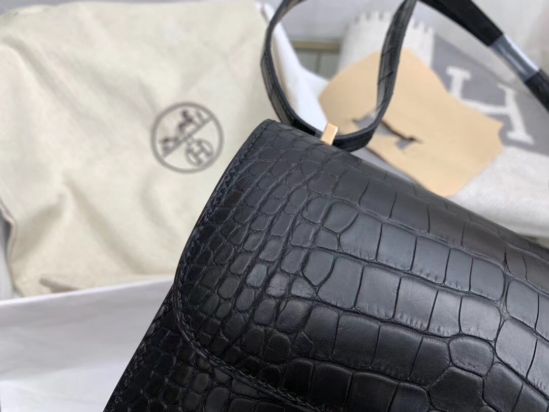 Hermes Mini Constance 18cm Bag In Black Alligator Crocodile Skin