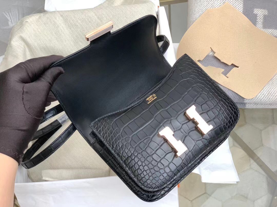 Hermes Mini Constance 18cm Bag In Black Alligator Crocodile Skin