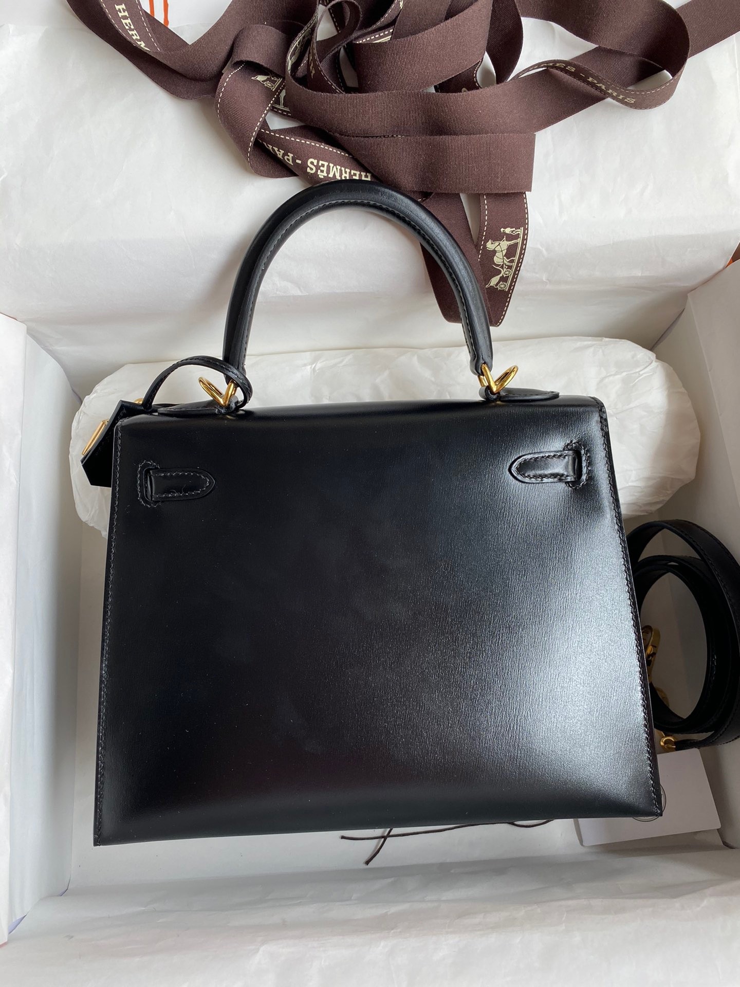 Hermes Kelly Sellier 25 Handmade Bag In Black Box Calfskin