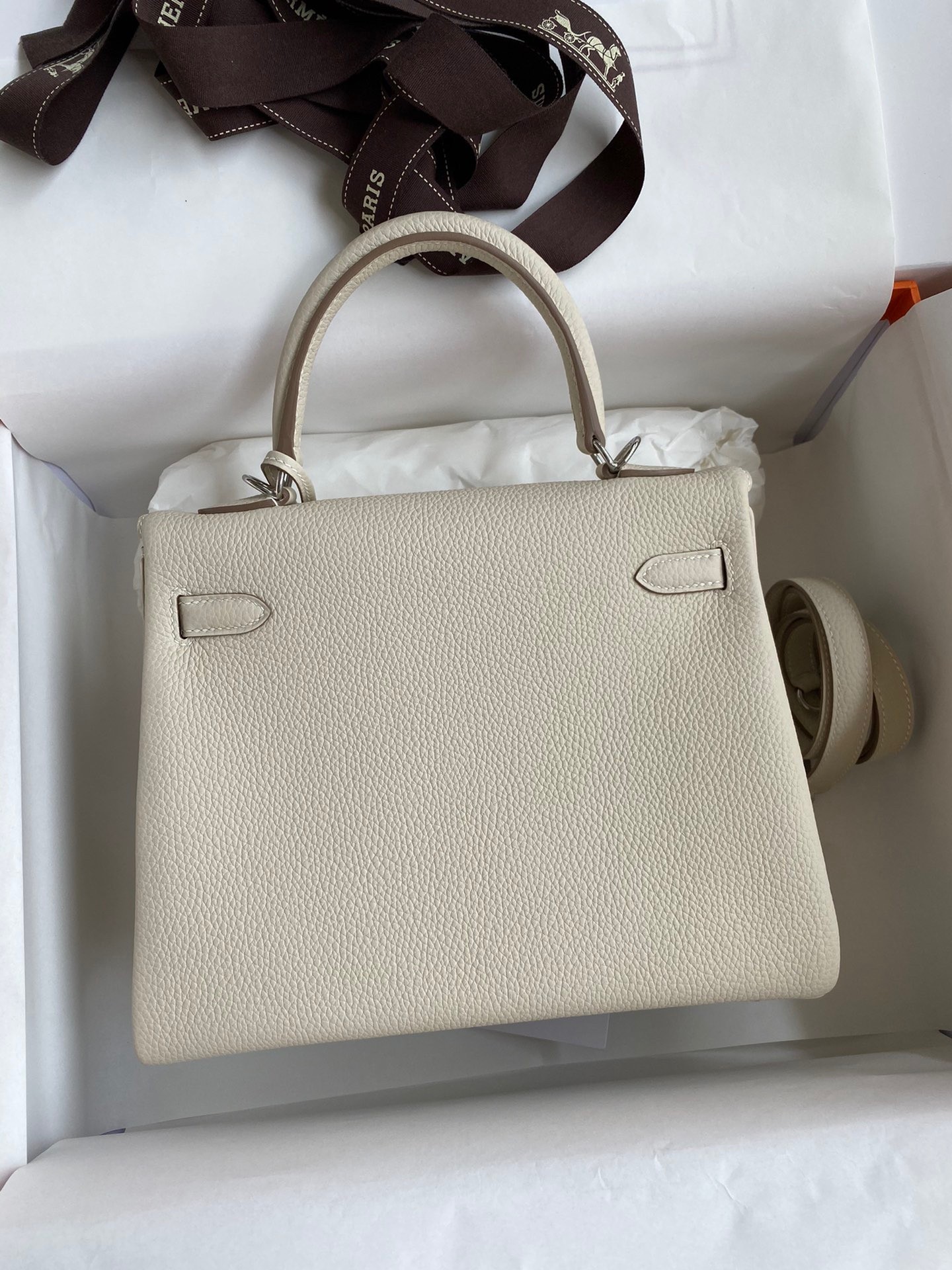 Hermes Kelly Retourne 25 Handmade Bag In Craie Togo Leather