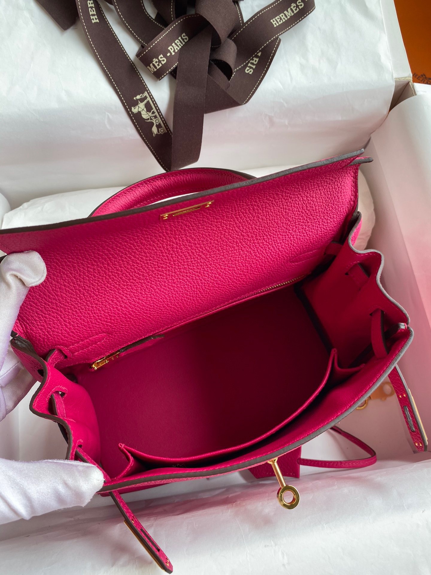 Hermes Kelly Retourne 25 Handmade Bag In Framboise Clemence Leather