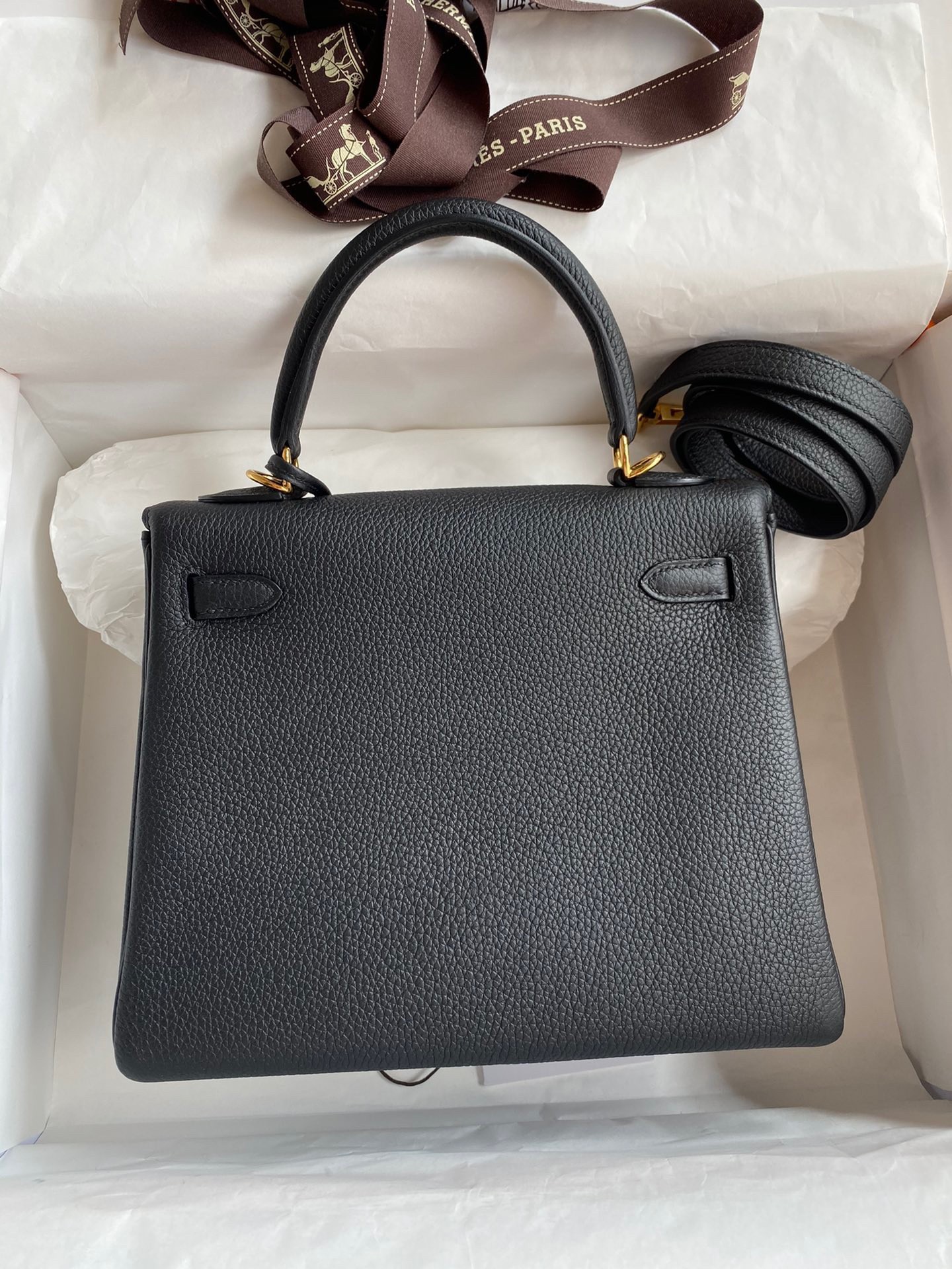 Hermes Kelly Retourne 25 Handmade Bag In Black Clemence Leather