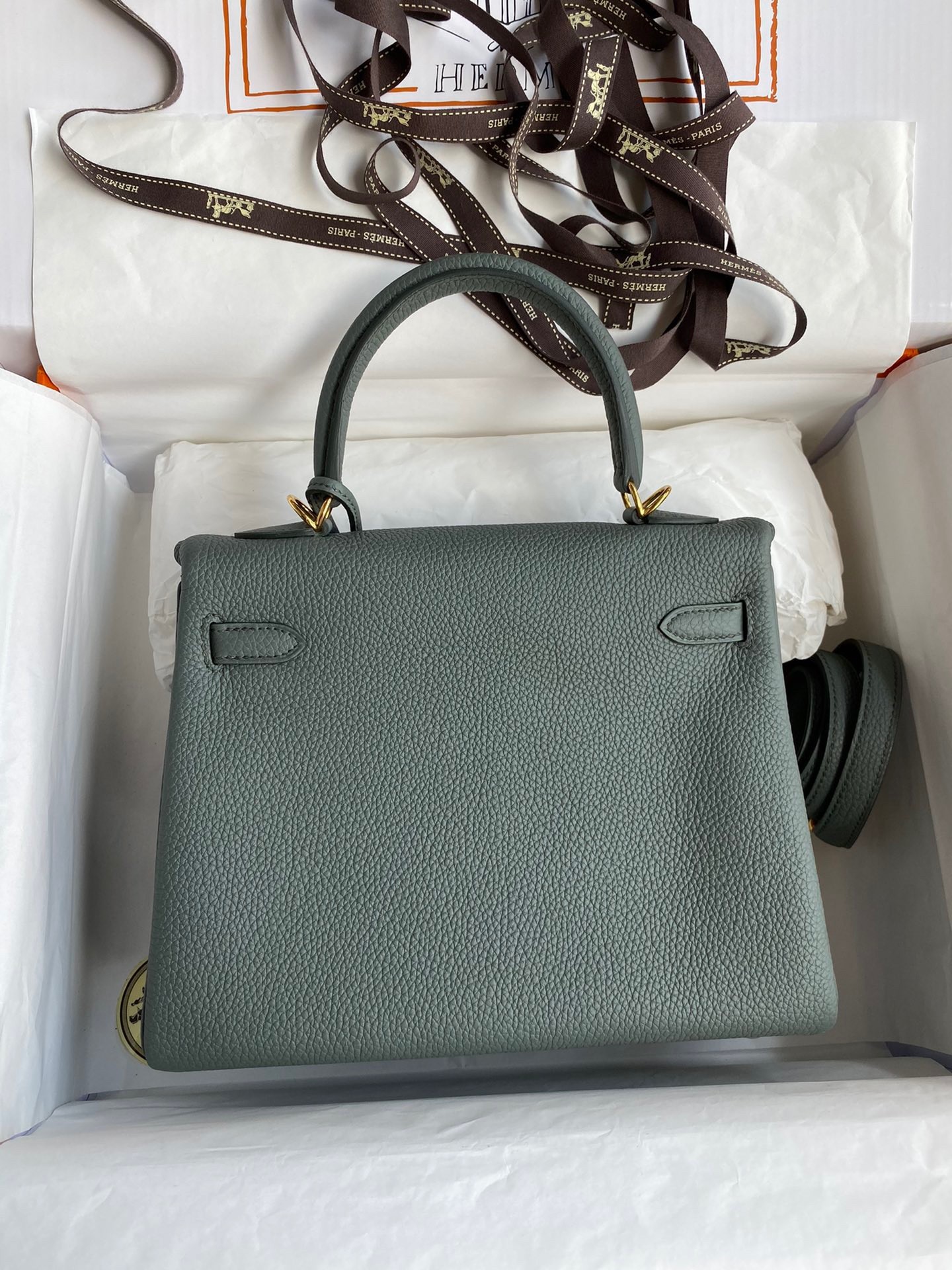 Hermes Kelly Retourne 25 Handmade Bag In Vert Amande Clemence Leather