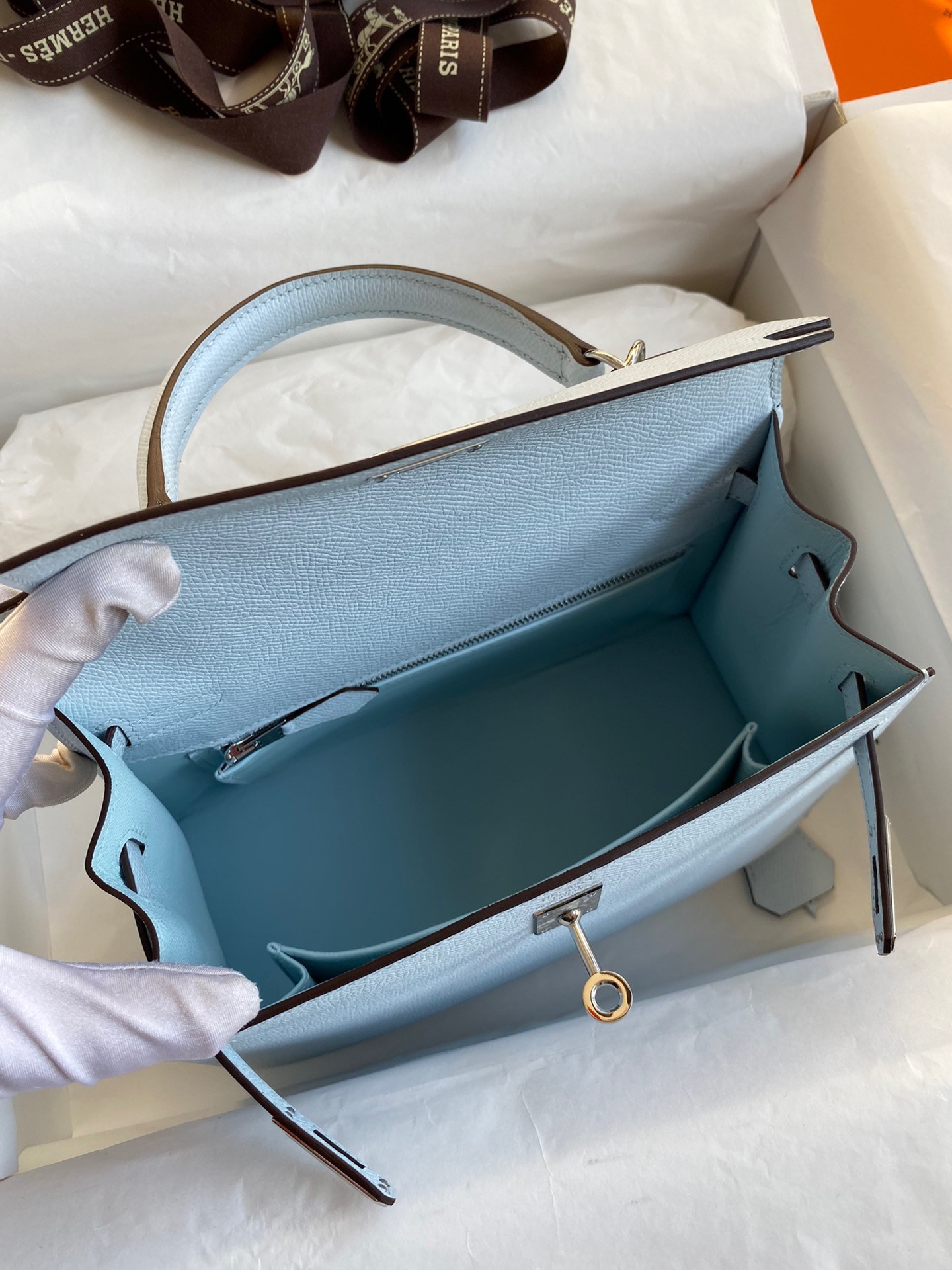 Hermes Epsom Kelly 25cm Sellier Handmade Blue Brume Bag