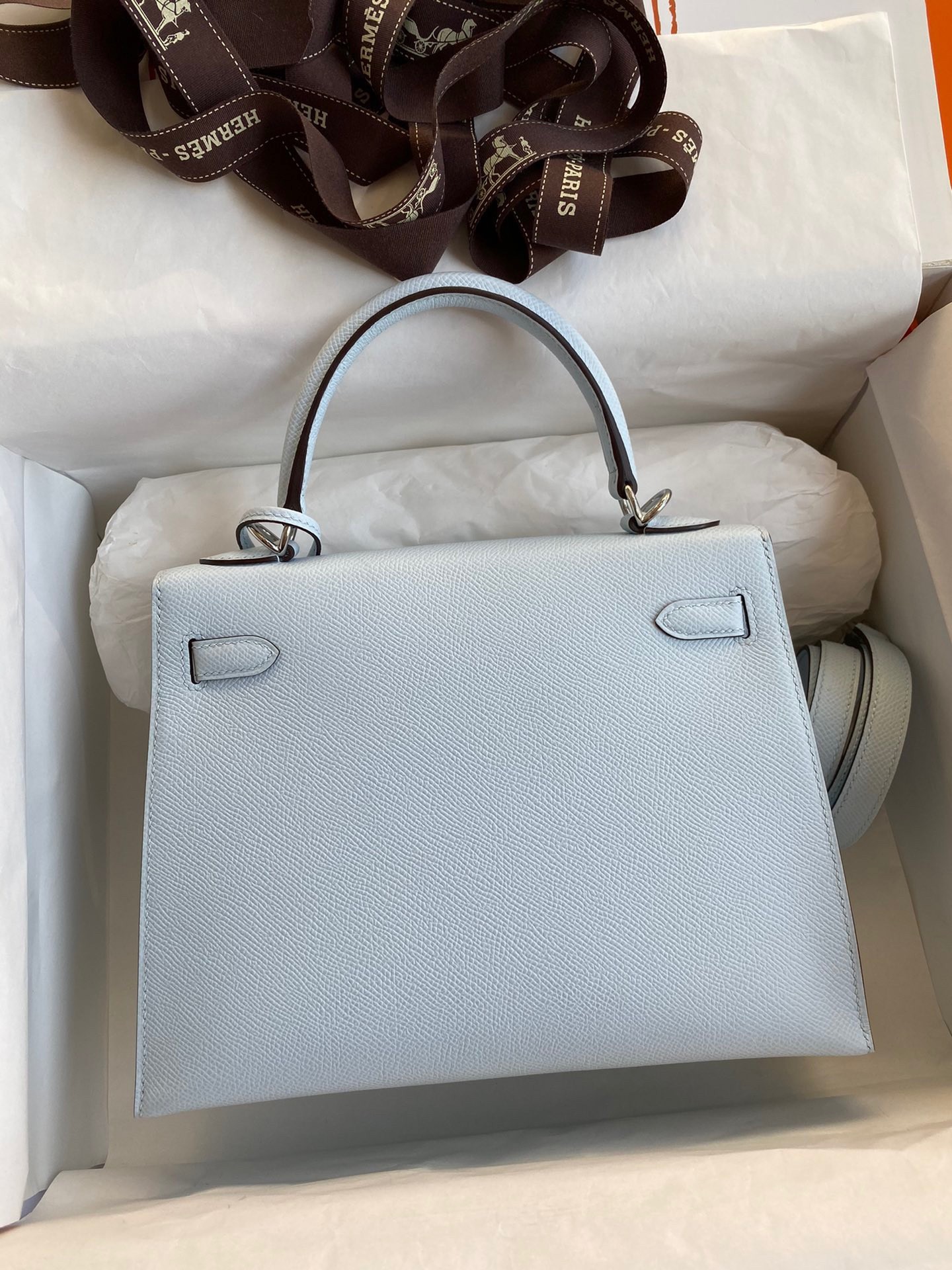 Hermes Epsom Kelly 25cm Sellier Handmade Blue Brume Bag